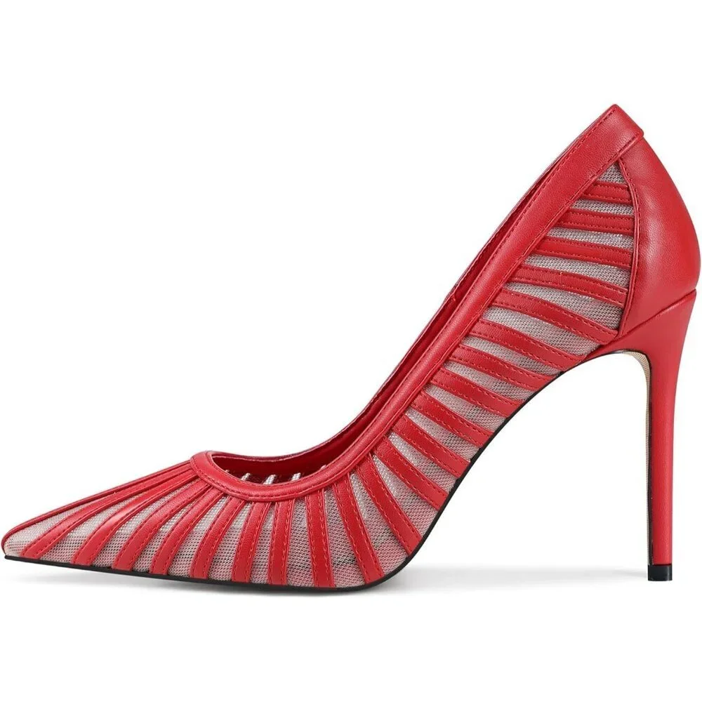 Women's Red Pumps Pointed Toe Heels Closed Toe Mesh Pumps High Stiletto Heel